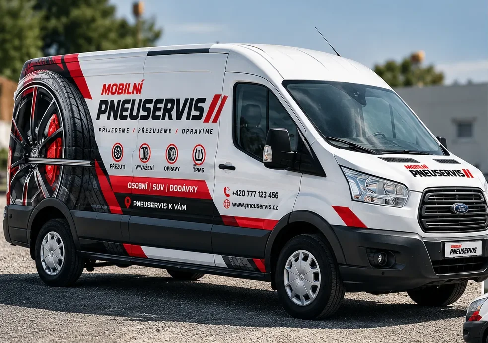 Návrh servisní dodávky Mobilní pneuservis s černo-červeným polepem